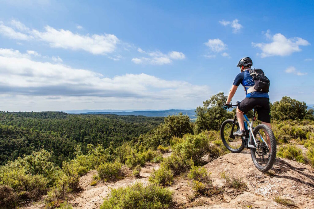 Mountainbiker auf Berg mit Ausblick