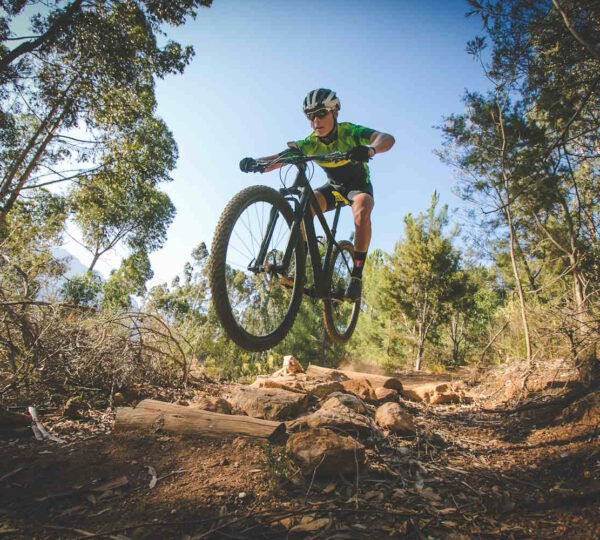 Mountainbiker springt über Steine im Wald