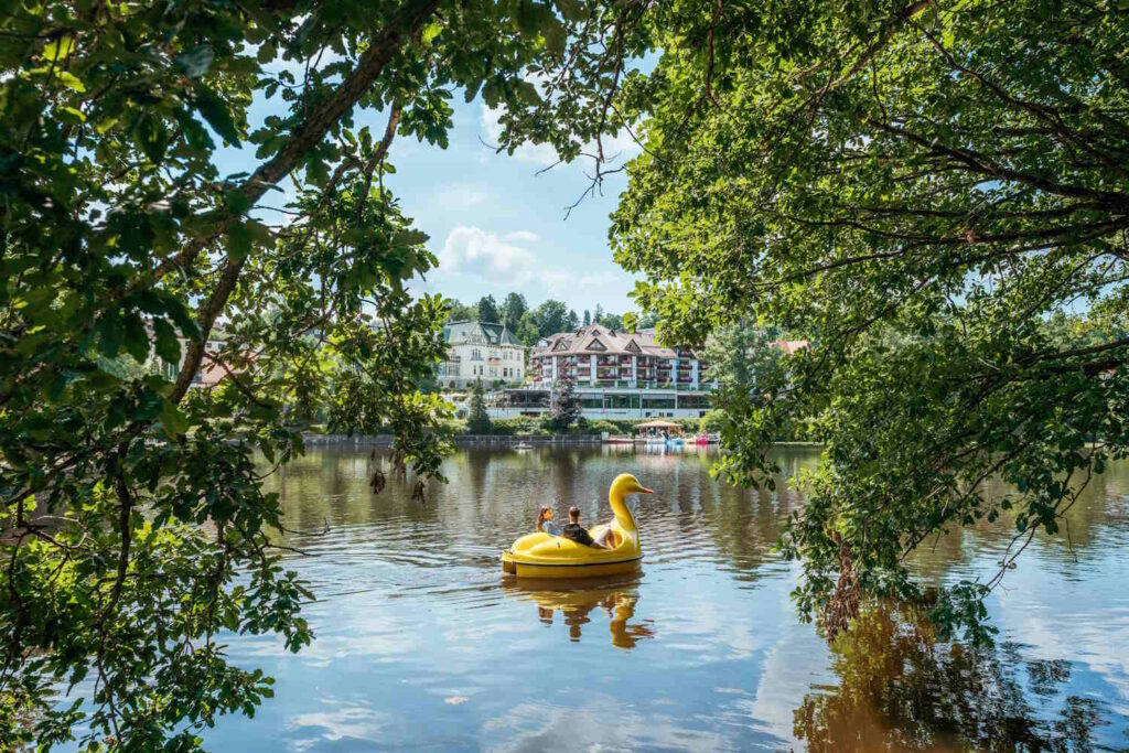 Tretboot mit Paar auf Schmelzteich