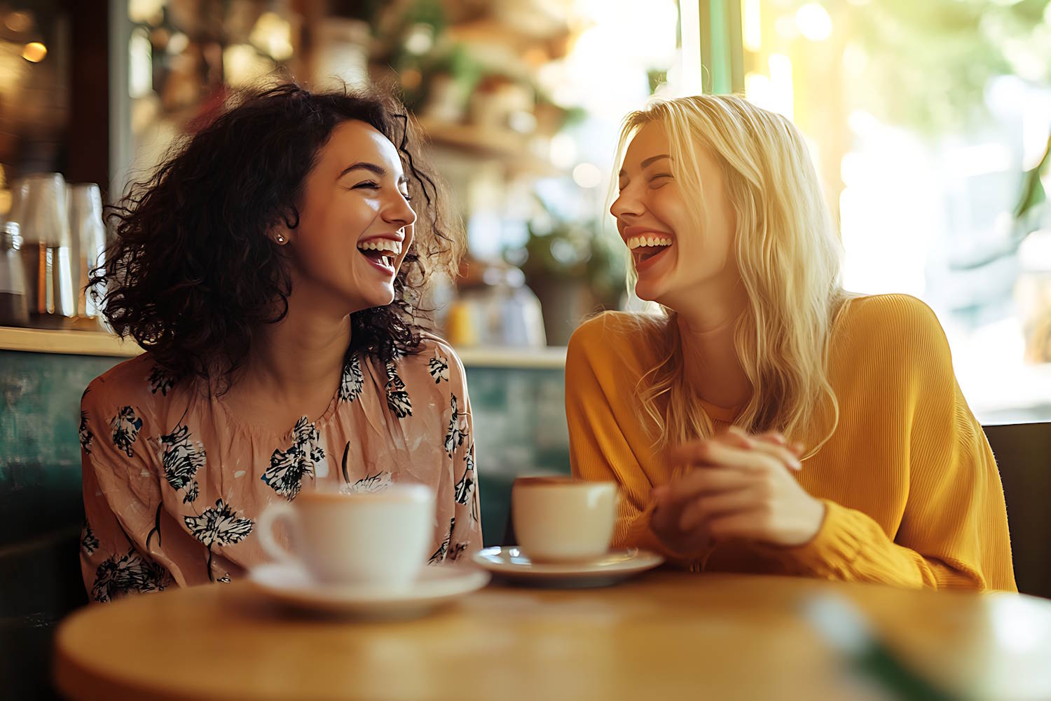 Zwei lachende Frauen mit Kaffee im Café